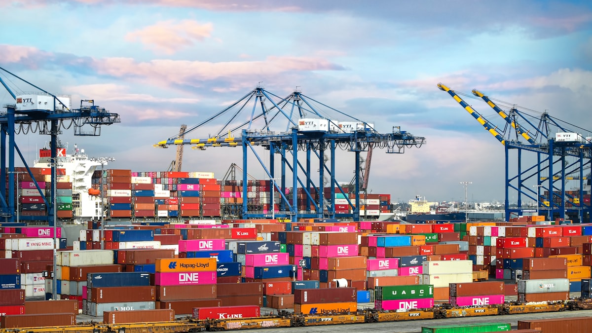 Stacked freight containers beneath gantry cranes at a port